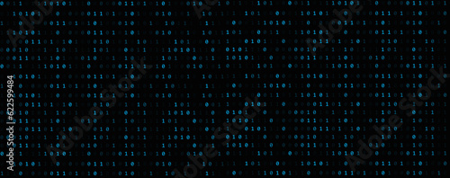 Fototapeta Naklejka Na Ścianę i Meble -  Binary Code backgrounds, a sequence of zero and one, blue numbers, on a black background. Numbers of the computer matrix. The concept of coding and cybersecurity