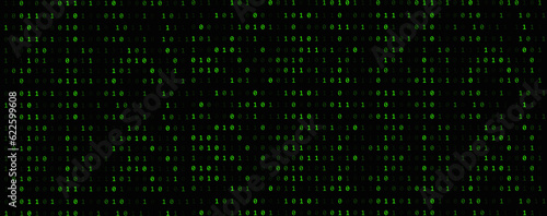 Fototapeta Naklejka Na Ścianę i Meble -  Binary Code backgrounds, a sequence of zero and one, green numbers, on a black background. Numbers of the computer matrix. The concept of coding and cybersecurity