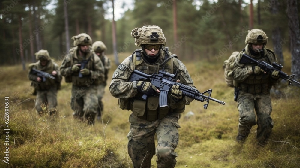special forces soldiers in full gear in the forest. Generative AI. special forces soldiers in full gear in the forest. Generative AI.