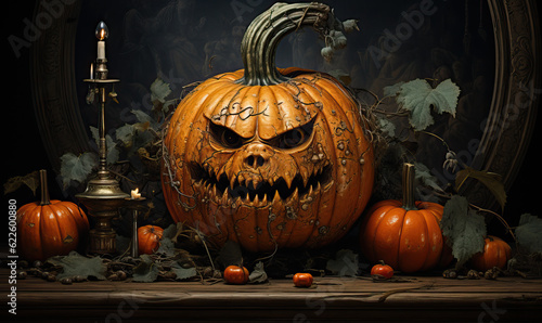 Halloween, big pumpkin lantern with a sinister carved smile. © Andreas