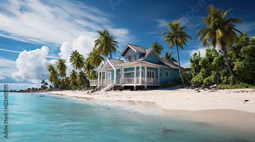 Paradise nature, sea and hotel house on the tropical beach. © maniacvector