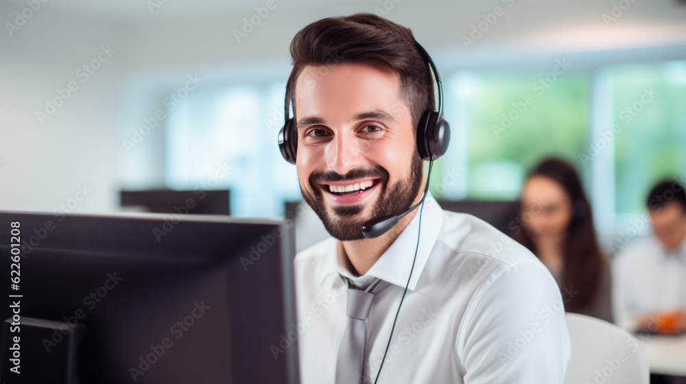Fototapeta premium Smiling customer support operator with hands-free headset working in the office. Generative AI.