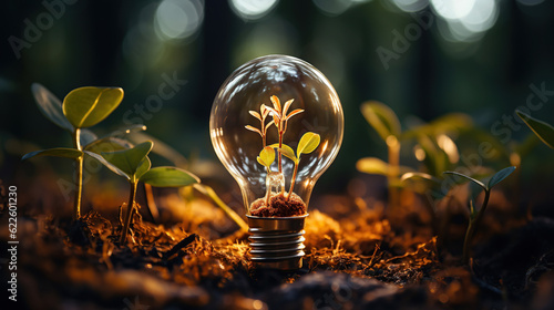 lightbulb tree with sunlight on soil. blurred background. concept save world and energy power.