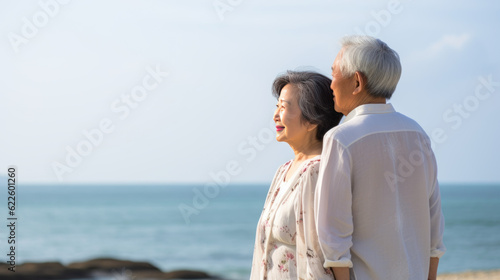 Portrait of a happy romantic Asian couple outdoors. Generative AI. © GustavsMD