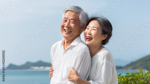 Portrait of a happy romantic Asian couple outdoors. Generative AI.