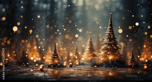 Winter landscape with Christmas trees and snowflakes. Infinity light tree branches with christmas lights from afar, light yellow and light emerald, created with generative ai