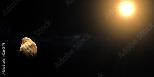 Toutatis asteroid orbiting towards the sun. 3d render photo