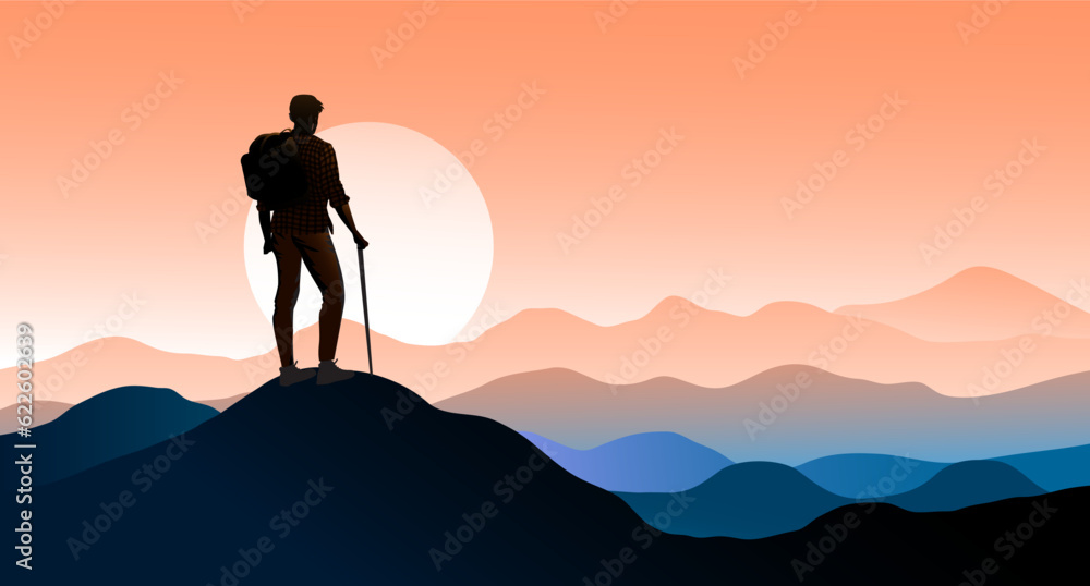 Backpacker on mountain top. Male person with backpack standing on top looking at view over horizon, mountain range and sunset or  sunrise.
