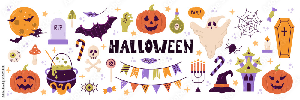 Obraz premium Halloween set of elements, ghost, pumpkin and bat. Vector is cute illustration in hand drawn style