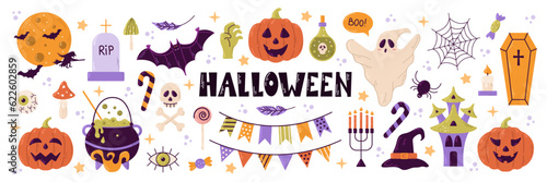 Tableau sur toile Halloween set of elements, ghost, pumpkin and bat