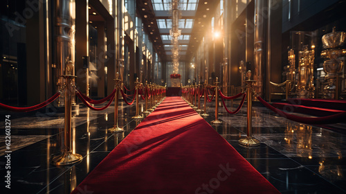 Red Carpet hallway with barriers and red ropes for Cinema and Fashion awards, a ceremony for celebrities persons. © maniacvector