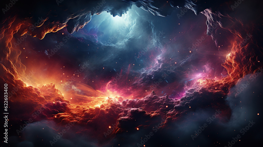 Stars and material falls into a black hole. Abstract space wallpaper. Black hole with nebula over colorful stars and cloud fields in outer space.