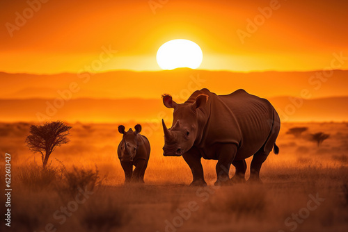 Mother and baby rhino in the savanna at sunset. Amazing African Wildlife. Generative Ai