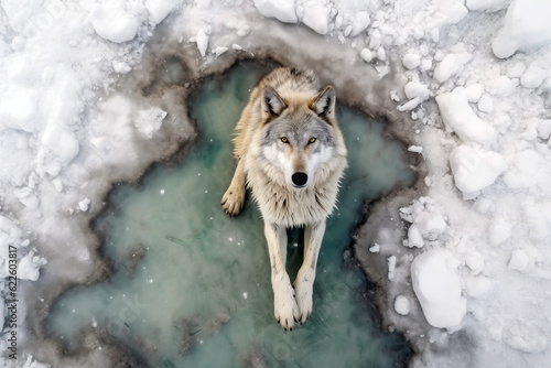 View from above of a wild wolf sitting on the frozen water. Amazing Wildlife. Generative Ai photo