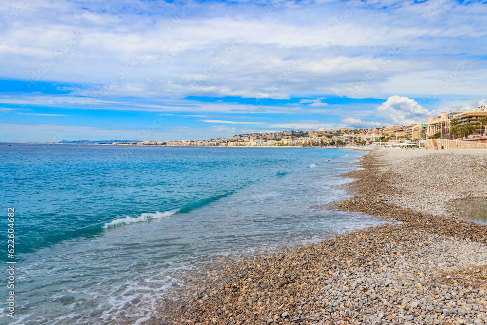 View of the beach near the Promenade des Anglais in Nice, France
