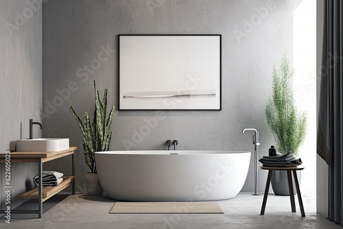 a white bathtub  a table with rolled towels on it  and a gray bathroom interior with a concrete floor. a wall mounted sign. a mockup. Generative AI