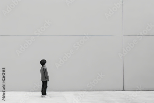 little boy standing in front of empty white wall