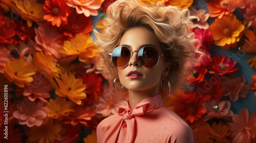 Young fashion woman wearing amazing huge sunglasses. Colorful tropical background.