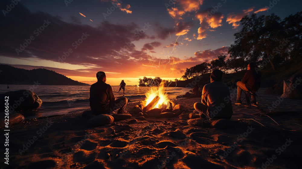 Night summer camping on lake shore. Group of five young happy tourists sitting in high grass around bonfire near tent under beautiful blue evening sky. Tourism, friendship and beauty of nature concept