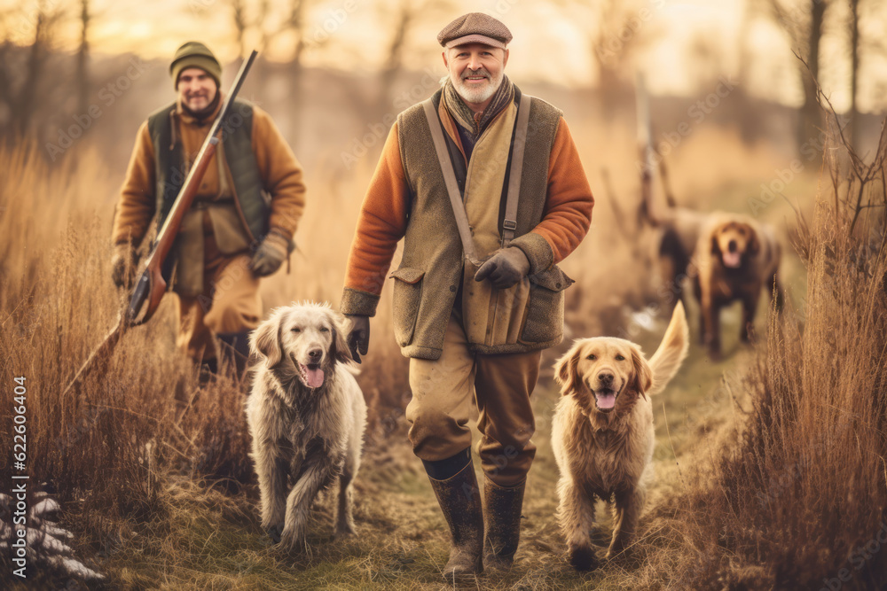 A group of hunters dressed in traditional hunting attire, trekking through the wilderness with
