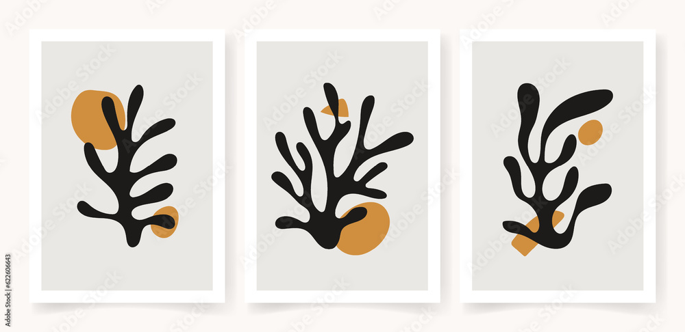 Abstract coral posters. Contemporary organic shapes minimalist in Matisse style, graphic vector illustration