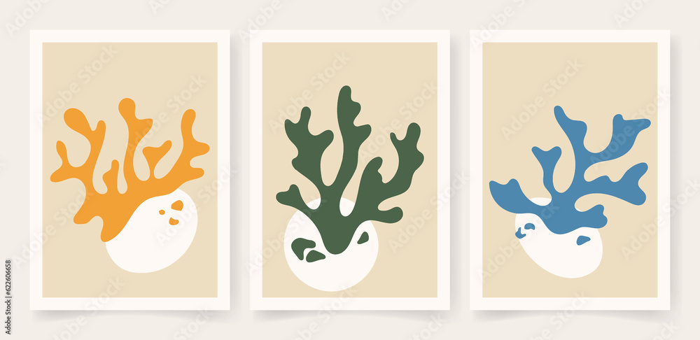 Abstract coral posters. Contemporary organic shapes minimalist in Matisse style, graphic vector illustration