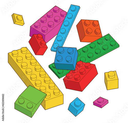 Simple pattern of building block, bricks for children. Vector isometric illustration. Colored bricks isolated on white background.