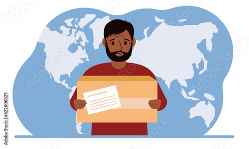 Male courier in uniform holding a box. The concept of delivering parcels around the world.