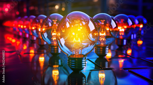 3D Rendering Of Bunch Classic Glass Light Bulbs With One Of Them Lighted On Dark Background With Reflection Surface.