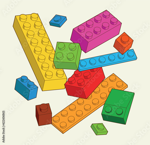 Simple pattern of building block, bricks for children. Vector isometric illustration. Colored lego bricks isolated on white background.	 photo