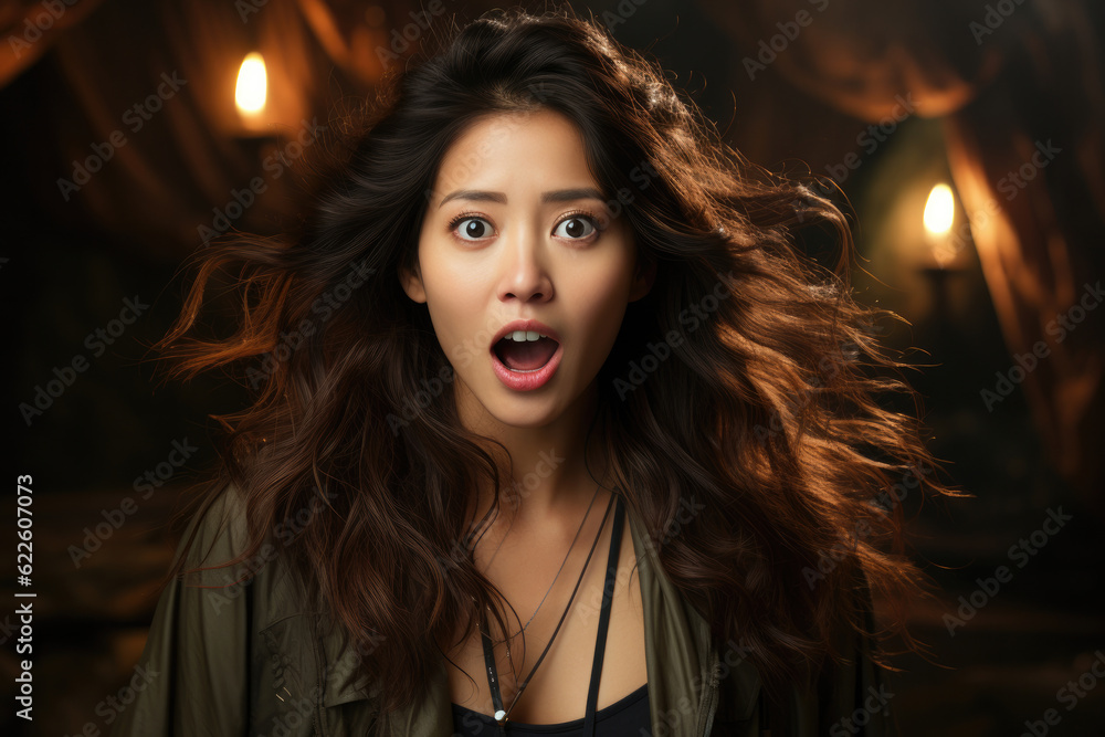 Woman with shocking mood; portrait of shocked, stunned, fear, scared Asian woman; asian 20s young adult woman model Woman with shocking mood; portrait of shocked, stunned, fear, scared Asian woman; asian 20s young adult woman model