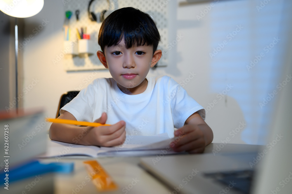 Asian Kid Boy Happiness Sitting Looking Camera Smile and showing a relaxed face on Homework and Learning Alone in Room at Home, Studying and Success, Homework and Education of Asian Kids Concept. Asian Kid Boy Happiness Sitting Looking Camera Smile and showing a relaxed face on Homework and Learning Alone in Room at Home, Studying and Success, Homework and Education of Asian Kids Concept.