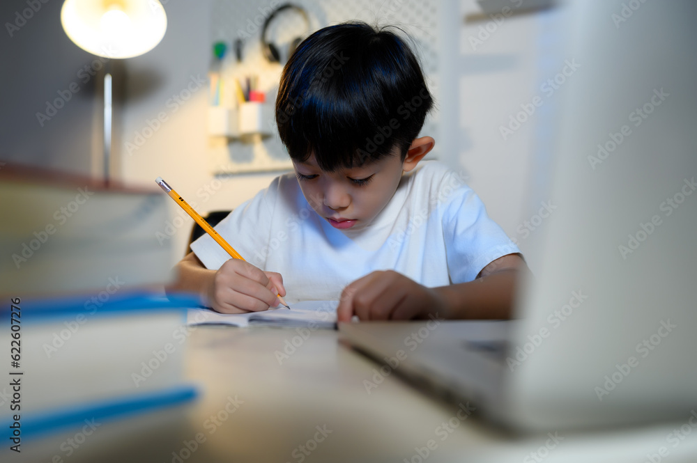 Asian Kid Boy Focused on Homework and Learning Alone in Room at Home, Serious Asian Kid Concentrating on Homework, Studying and Success, Homework and Education of Asian Kids Concept. Asian Kid Boy Focused on Homework and Learning Alone in Room at Home, Serious Asian Kid Concentrating on Homework, Studying and Success, Homework and Education of Asian Kids Concept.