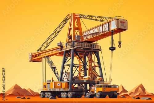 3d illustration dragline excavator, mining machine, crane orange background
