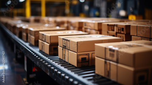 Closeup of multiple cardboard box packages seamlessly moving along a conveyor belt in a warehouse fulfillment center, a snapshot of e-commerce, delivery, automation and products. © maniacvector