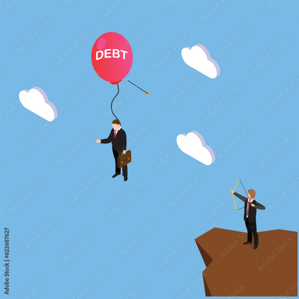 Businessman shooting the flying balloon with the word DEBT isometric 3d vector illustration concept for banner, website, illustration, landing page, flyer, etc