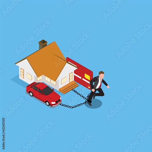 Businessman in chains of troubles with financial debts isometric 3d vector illustration concept for banner, website, illustration, landing page, flyer, etc