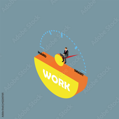 Businessman sit on efficiency meter - work smarter not harder isometric 3d vector illustration concept for banner, website, illustration, landing page, flyer, etc