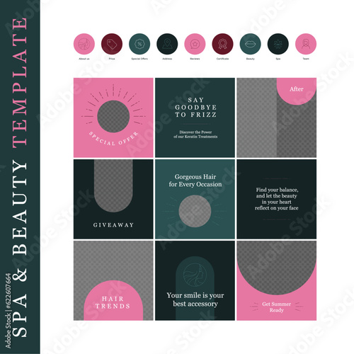 Boheamian style social media post template. Vector layout boho illustration set. Beautiful girl profile and marketing icon symbol collection. Gray and pink colors. Design for giveaway, sale, campaign