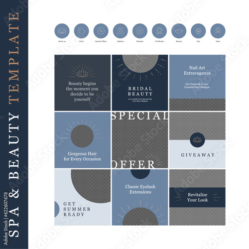 Boheamian style social media post template. Vector layout boho illustration set. Lotus spa and marketing icon symbol collection. Gray and pink colors. Design for giveaway, sale, campaign