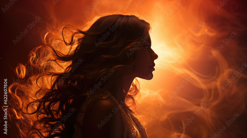 Silhouette of woman's head with waving hair, back light. Silhouette of woman's head with waving hair, back light.