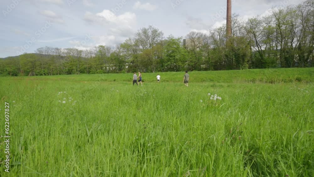 Grass in foreground of friends roaming walking across plains in midday Grass in foreground of friends roaming walking across plains in midday