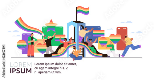 people with lgbt rainbow flags chatting in social media networks gay lesbian parade pride festival transgender love concept