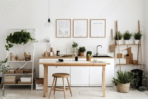 A retro kitchen layout features a modest table against a white wall, minimal chairs, a notebook, and herbs and veggies. Kitchen design with a minimalistic feel in the countryside. Natural weather