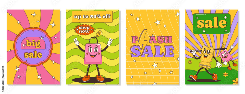 Retro groovy sale posters with discount coupon and bag characters. Vector background, cards. Waves, mesh, twisted texture, Y2k aesthetic. A4 social media set