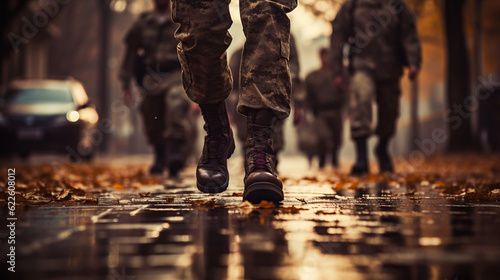 Marching army of men in uniform and boots. close up.