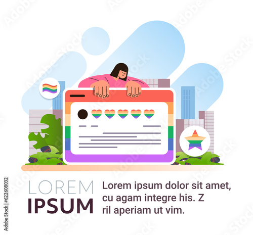 woman chatting in social media network lgbt rainbow flag gay lesbian love parade pride festival transgender love concept