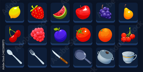 The hand drawn vector set of cartoon icons and symbols for fruits and vegetables and kitchen appliances.