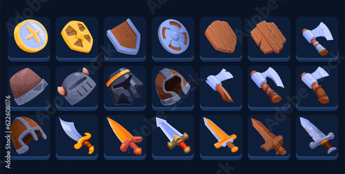 Hand-drawn vector set of weapons and armor.
