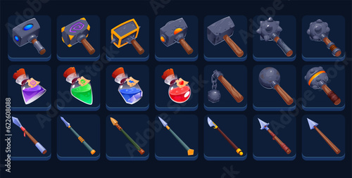 Hand-drawn vector set of weapons and potions.